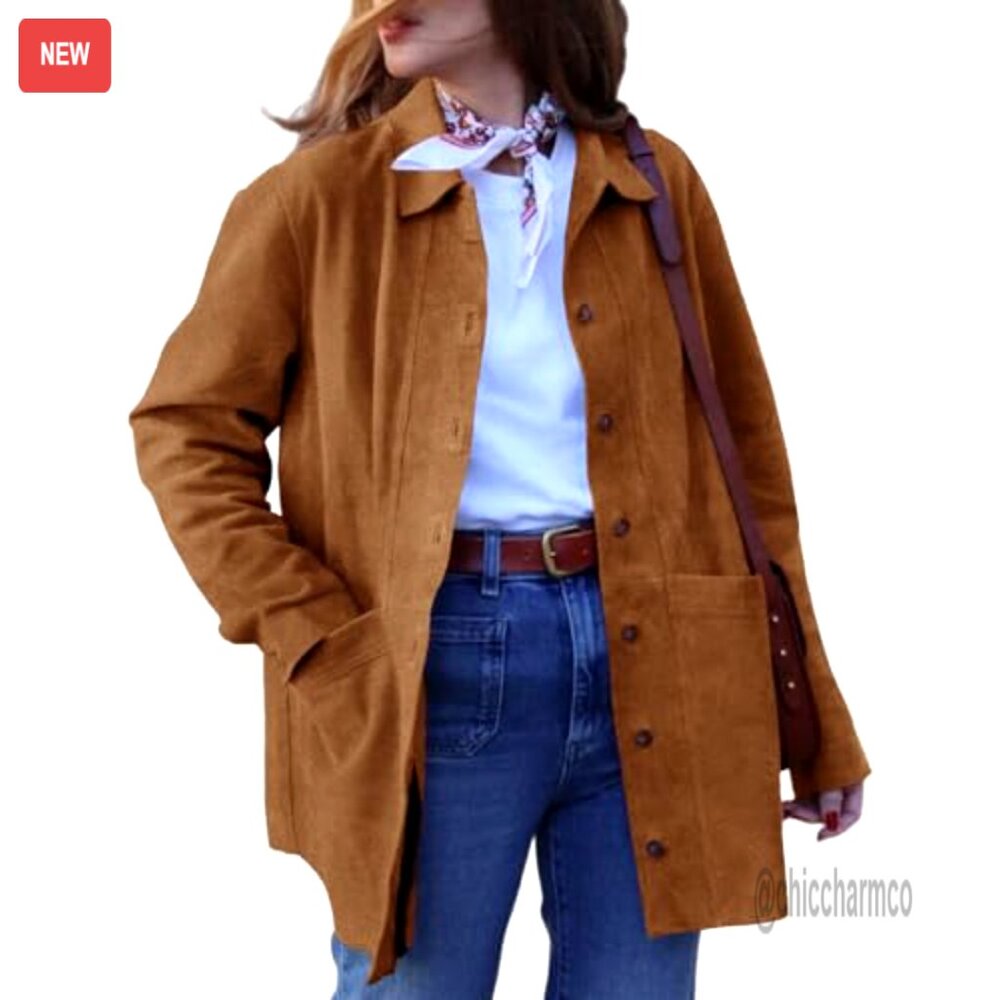 Faux Suede Shacket Jacket Button Down Long Sleeve… - image 2